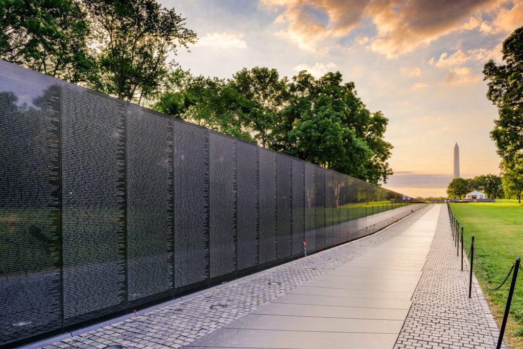 The Vietnam Memorial Wall at Dawn with no visitors or spectators. 