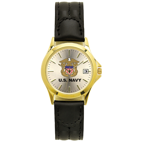 us navy watch with gold plating and leather band
