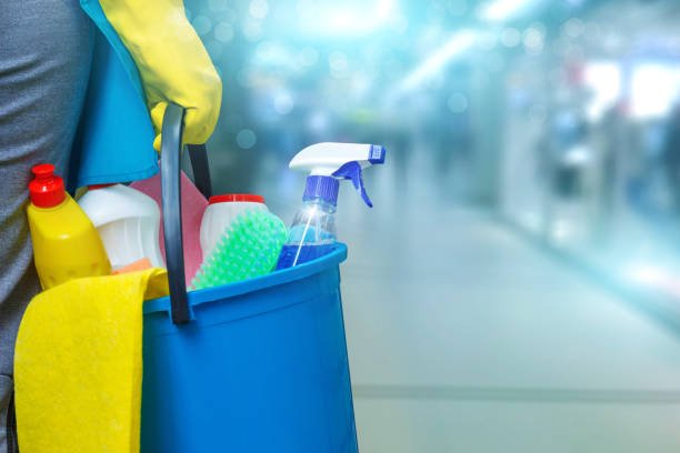 Cleaning lady with a bucket and cleaning products on a blurred background. 