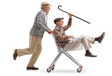 two old men horsing around in a shopping cart

